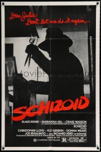 2t756 SCHIZOID 1sh '80 cool silhouette of crazed madman Klaus Kinski attacking with scissors!