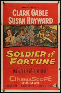 2t793 SOLDIER OF FORTUNE 1sh '55 art of Clark Gable shooting gun, plus sexy Susan Hayward!