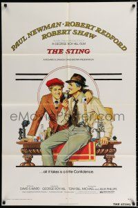 2t827 STING 1sh '74 artwork of con men Paul Newman & Robert Redford by Richard Amsel!