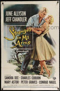 2t830 STRANGER IN MY ARMS 1sh '59 art of Jeff Chandler holding pretty June Allyson!