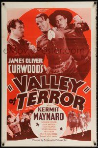 2t925 VALLEY OF TERROR 1sh '37 Kermit Maynard punching, written by James Oliver Curwood!