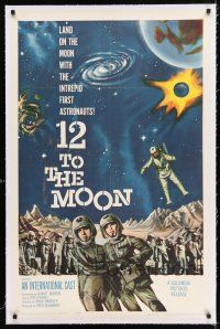 2w004 12 TO THE MOON linen 1sh '60 land on the moon with the intrepid first astronauts, cool art!