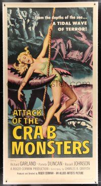 2w046 ATTACK OF THE CRAB MONSTERS linen 3sh '57 Roger Corman, art of sexy girl attacked by beast!