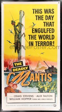 2w047 DEADLY MANTIS linen 3sh '57 classic art of giant insect on Washington Monument by Ken Sawyer