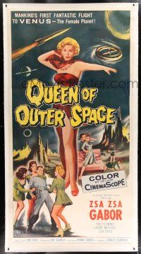 2w058 QUEEN OF OUTER SPACE linen 3sh '58 artwork of sexy full-length Zsa Zsa Gabor on Venus!