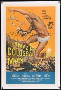 2w007 AMAZING COLOSSAL MAN linen 1sh '57 Kallis art of soldiers attacking giant man by Boulder Dam!