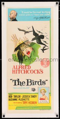 2w073 BIRDS linen Aust daybill '63 Alfred Hitchcock, Tippi Hedren, classic art of attacking avians!