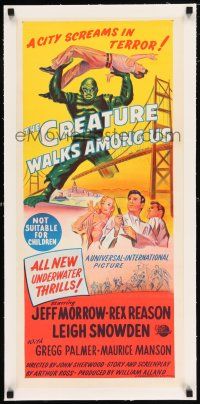 2w075 CREATURE WALKS AMONG US linen Aust daybill '56 art of monster attacking by Golden Gate Bridge!
