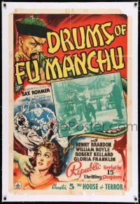 2w015 DRUMS OF FU MANCHU signed linen chapter 5 1sh '40 by Henry Brandon, The House of Terror!