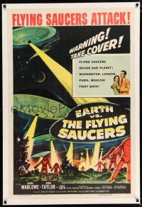 2w016 EARTH VS. THE FLYING SAUCERS linen 1sh '56 sci-fi classic, cool art of UFOs & aliens invading!