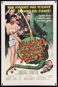 2w017 FIEND WITHOUT A FACE linen 1sh '58 giant brain & sexy girl in towel, mad science spawns evil!