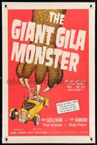 2w020 GIANT GILA MONSTER linen 1sh '59 classic art of giant monster hand grabbing teens in hot rod!