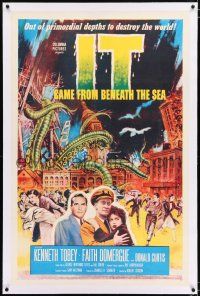 2w027 IT CAME FROM BENEATH THE SEA linen 1sh '55 Harryhausen, art of monster crushing the world!