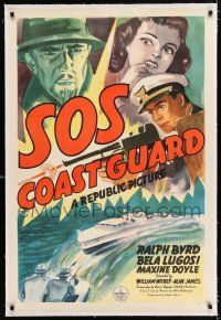 2w038 SOS COAST GUARD linen 1sh '42 art of mad scientist Bela Lugosi & Ralph Byrd with machine gun!