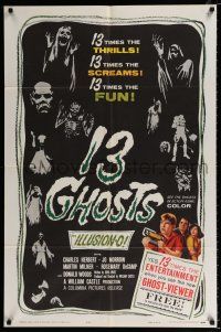 2x215 13 GHOSTS 1sh '60 William Castle, great art of all the spooks, horror in ILLUSION-O