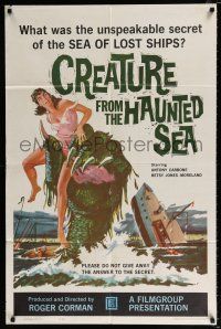 2x262 CREATURE FROM THE HAUNTED SEA 1sh '61 great art of monster's hand in sea grabbing sexy girl!