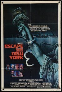 2x300 ESCAPE FROM NEW YORK advance 1sh '81 Carpenter, art of handcuffed Lady Liberty by Stan Watts!