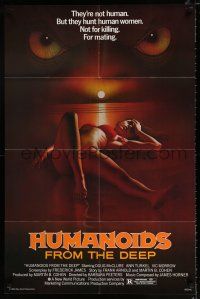 2x340 HUMANOIDS FROM THE DEEP 1sh '80 classic art of eyes looming over sexy girl on beach!