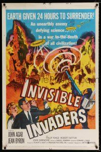 2x350 INVISIBLE INVADERS 1sh '59 cool artwork of alien who gives Earth 24 hours to surrender!