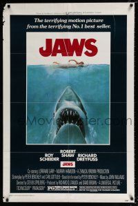 2x353 JAWS 1sh '75 art of Steven Spielberg's classic man-eating shark attacking sexy swimmer!