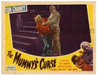 2x129 MUMMY'S CURSE LC #8 R51 full-length image of bandaged monster Lon Chaney Jr. choking guy!