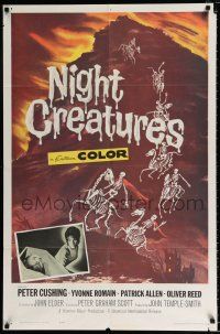 2x391 NIGHT CREATURES 1sh '62 Hammer, great horror art of skeletons riding skeleton horses!
