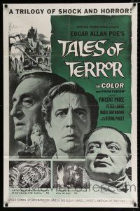 2x446 TALES OF TERROR 1sh '62 great close images of Peter Lorre, Vincent Price & Basil Rathbone!