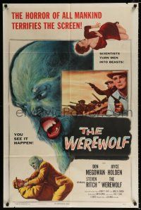 2x478 WEREWOLF 1sh '56 two great wolf-man horror images, it happens before your horrified eyes!
