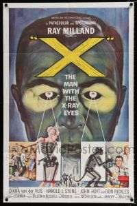 2x485 X: THE MAN WITH THE X-RAY EYES 1sh '63 Ray Milland strips souls & bodies, cool sci-fi art!