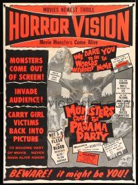 2y255 MONSTERS CRASH THE PAJAMA PARTY Spook Show 2sh '65 the monsters come out of the screen!