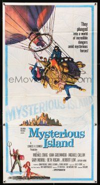 2y263 MYSTERIOUS ISLAND 3sh '61 Ray Harryhausen, Jules Verne sci-fi, cool hot-air balloon art!