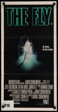 2y433 FLY Aust daybill '86 David Cronenberg, Jeff Goldblum, cool sci-fi art of telepod by Mahon!