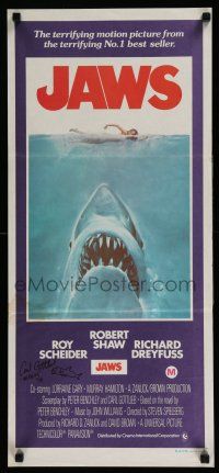 2y004 JAWS signed Aust daybill '75 by actor/screenwriter Carl Gottlieb, who drew a tiny shark!