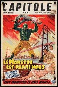 2y209 CREATURE WALKS AMONG US Belgian '56 great art of monster attacking by Golden Gate Bridge!