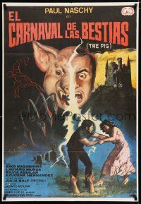 2y005 HUMAN BEASTS signed Spanish '80 by Paul Naschy, Jano horror art of hogman & woman in peril!
