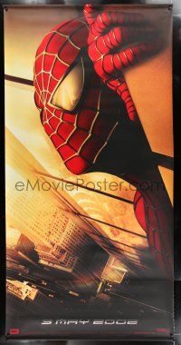 2y253 SPIDER-MAN vinyl banner '02 Tobey Maguire w/WTC towers in eyes, Marvel Comics!