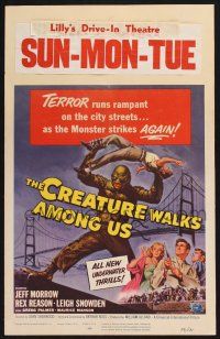 2y280 CREATURE WALKS AMONG US WC '56 Reynold Brown art of monster attacking by Golden Gate Bridge!
