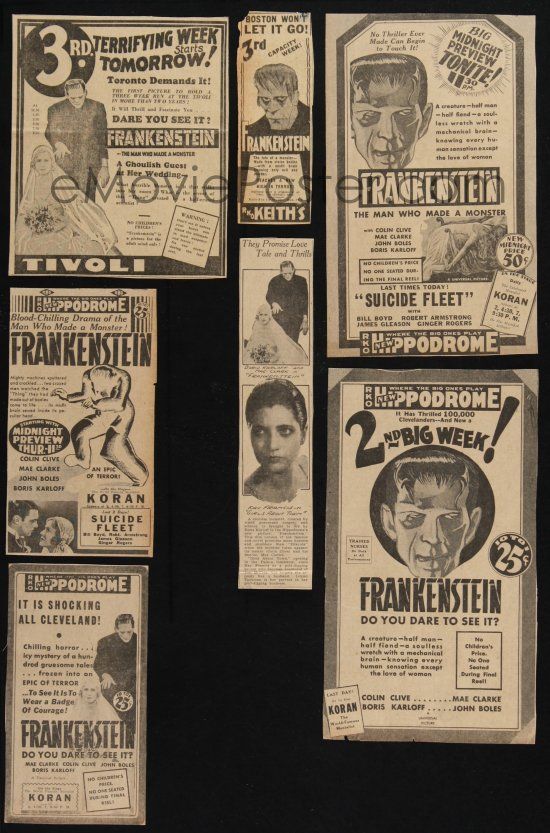 EMoviePoster.com: 2y479 7 FRANKENSTEIN NEWSPAPER ADS clippings '31 cool  advertising from the first release!