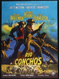 3a825 RIO CONCHOS Danish '64 cool art of cowboys Richard Boone, Stuart Whitman & Tony Franciosa!