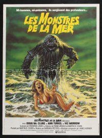 3a168 HUMANOIDS FROM THE DEEP French 16x21 '80 art of monster looming over sexy girl on beach!