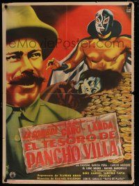 3a054 EL TESORO DE PANCHO VILLA Mexican poster 1954  art of masked wrestler & pile of gold by Diaz!