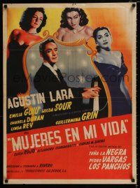 3a057 MUJERES EN MI VIDA Mexican poster '50 art of man playing piano & 3 sexy girls by Juanino!