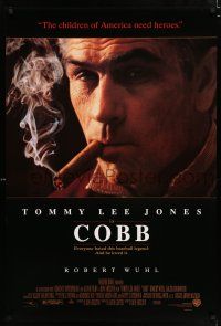3b171 COBB DS 1sh '94 baseball, close-up of cigar smoking Tommy Lee Jones as Ty Cobb!