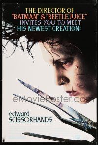 3b232 EDWARD SCISSORHANDS DS 1sh '90 Tim Burton classic, close up of scarred Johnny Depp!