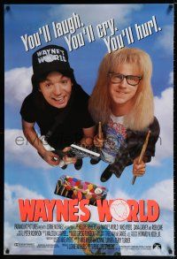 3b808 WAYNE'S WORLD int'l 1sh '91 Mike Myers, Dana Carvey, one world, one party, excellent!