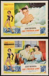 3d956 FRENCH LINE 2 linen LCs '54 Howard Hughes, sexy Jane Russell in bath & at dinner!