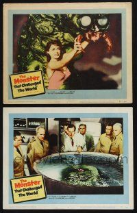 3d974 MONSTER THAT CHALLENGED THE WORLD 2 LCs '57 great c/u of creature with girl & in tank!