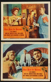 3d976 OUR MAN IN HAVANA 2 LCs '60 Alec Guinness & Maureen O'Hara in Cuba, directed by Carol Reed!