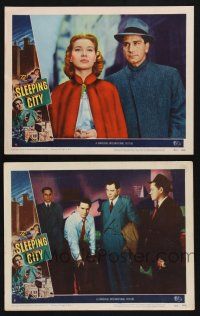 3d986 SLEEPING CITY 2 LCs '50 Richard Conte, gorgeous Peggy Dow, New York City film noir!