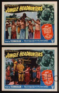 3d351 JUNGLE HEADHUNTERS 8 LCs '51 wild shrunken head border art, Amazon voodoo documentary!